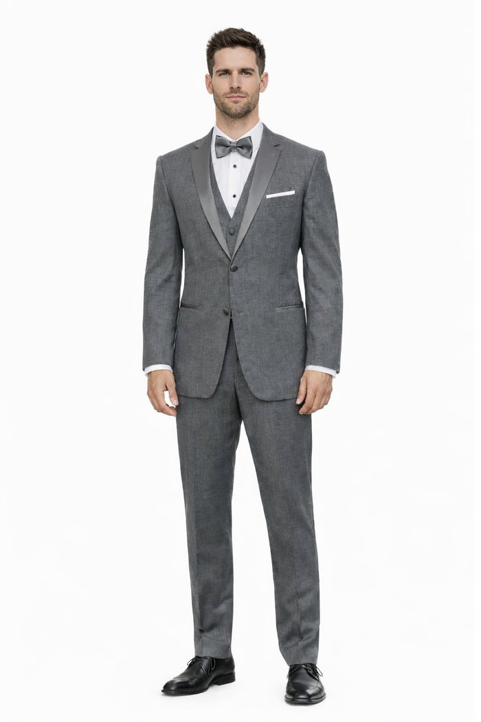 Mens Designer Grayson Satin Trim Wedding Tuxedo in Grey