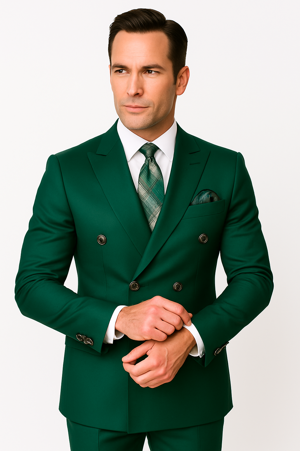 Mens Designer Modern Fit Double Breasted Wool Suit with Gold Buttons in Hunter Green