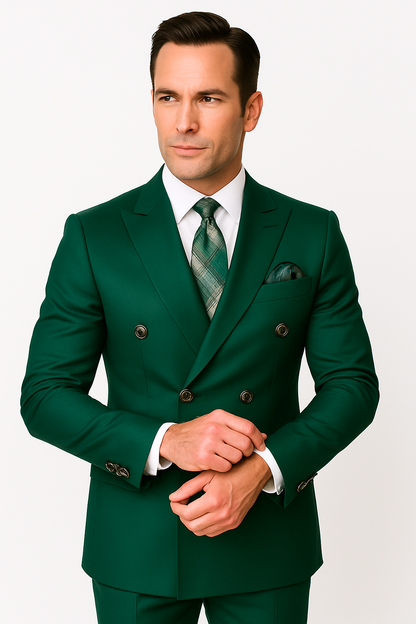 Mens Designer Modern Fit Double Breasted Wool Suit with Gold Buttons in Hunter Green
