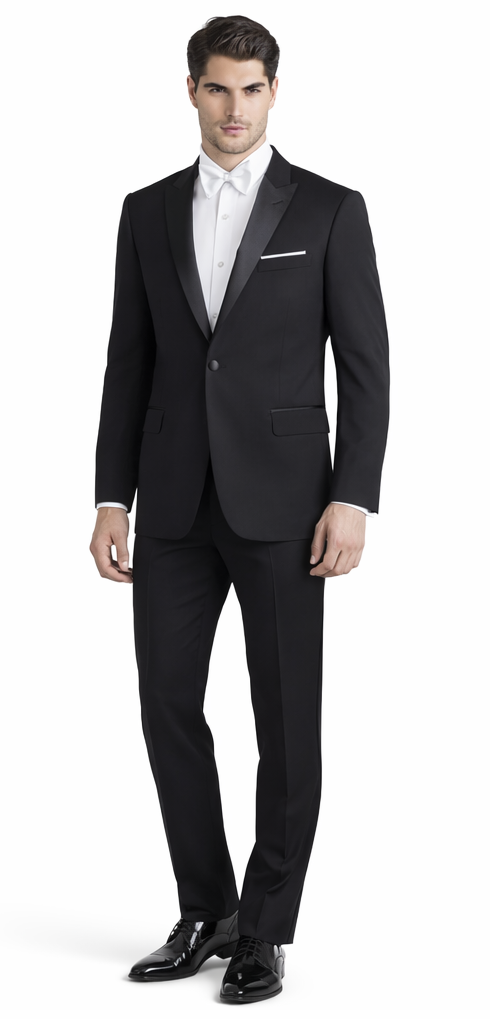 Mens Designer Jackson Peak Lapel Wedding Tuxedo in Black