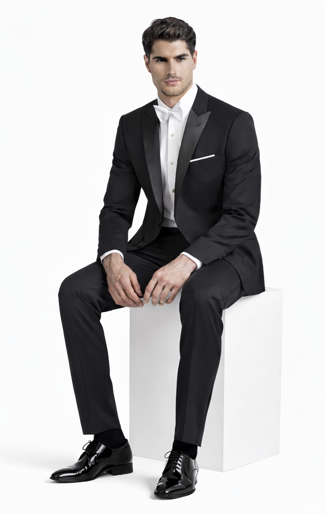 Mens Designer Jackson Peak Lapel Wedding Tuxedo in Black