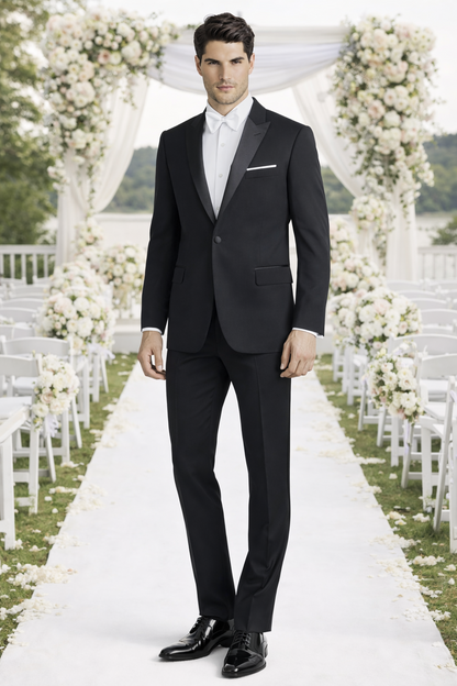 Mens Designer Jackson Peak Lapel Wedding Tuxedo in Black