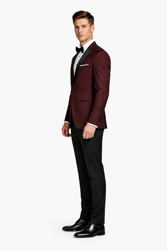 Mens Designer Marbella One Button Peak Tuxedo in Burgundy