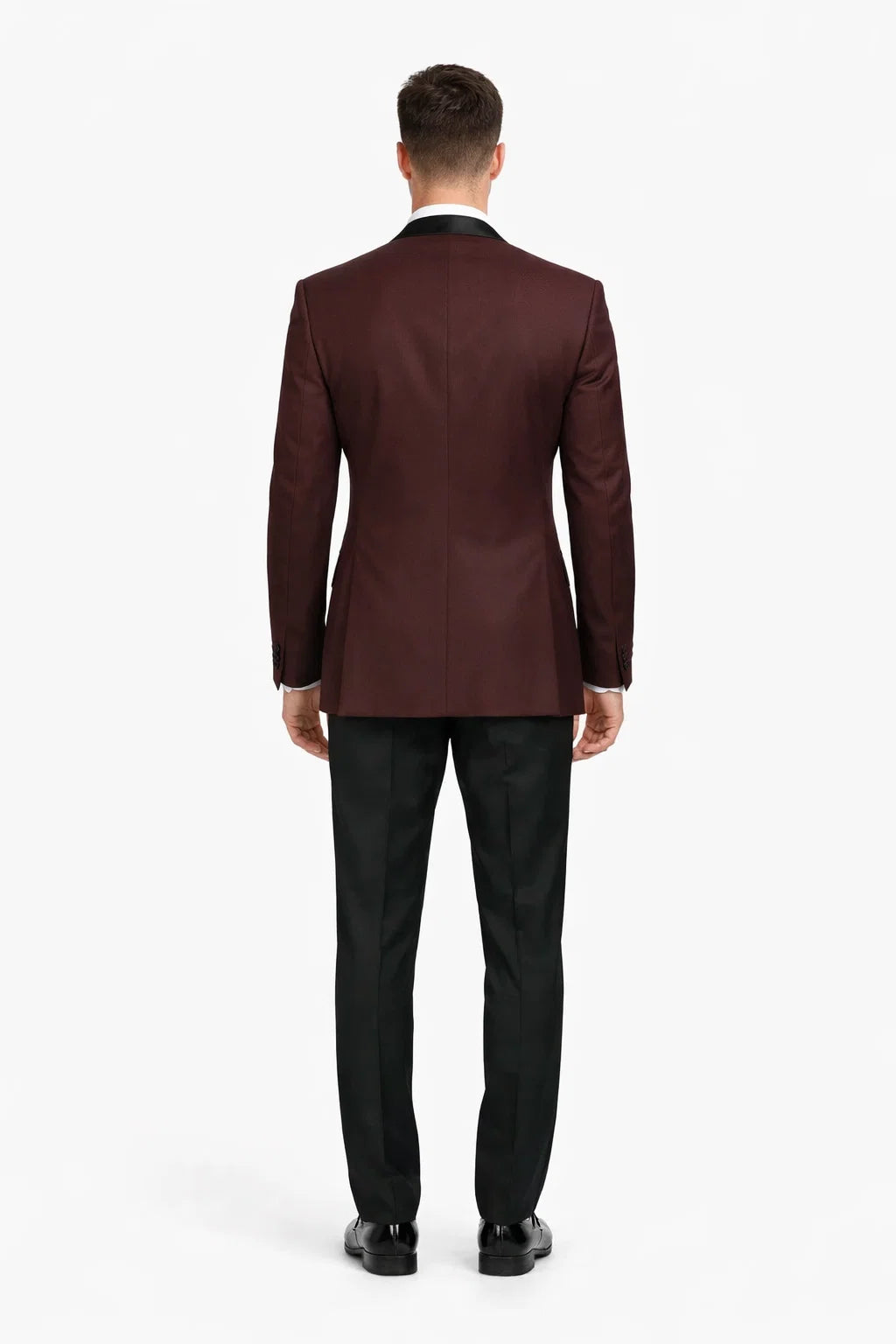 Mens Designer Marbella One Button Peak Tuxedo in Burgundy