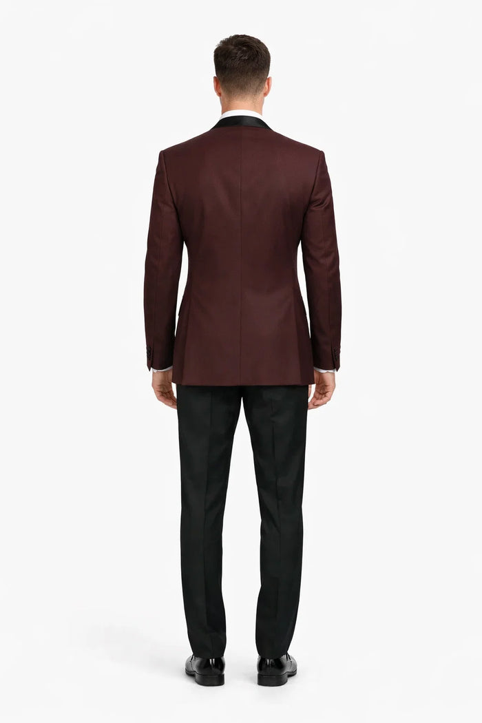 Mens Designer Marbella One Button Peak Tuxedo in Burgundy