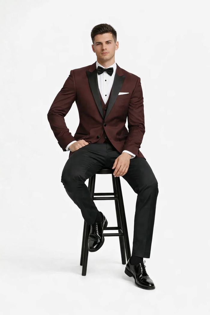 Mens Designer Marbella One Button Peak Tuxedo in Burgundy