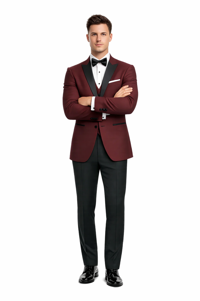 Mens Designer Marbella One Button Peak Tuxedo in Burgundy