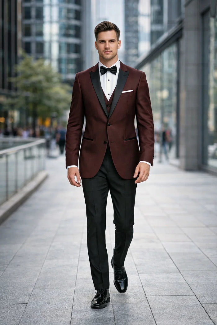 Mens Designer Marbella One Button Peak Tuxedo in Burgundy