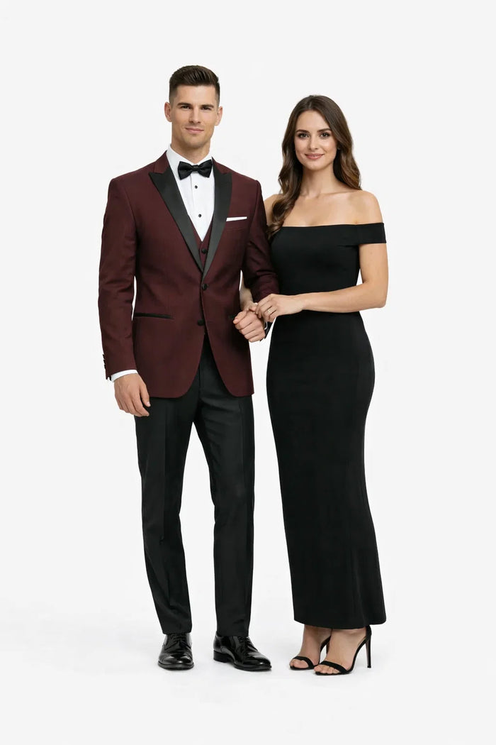 Mens Designer Marbella One Button Peak Tuxedo in Burgundy