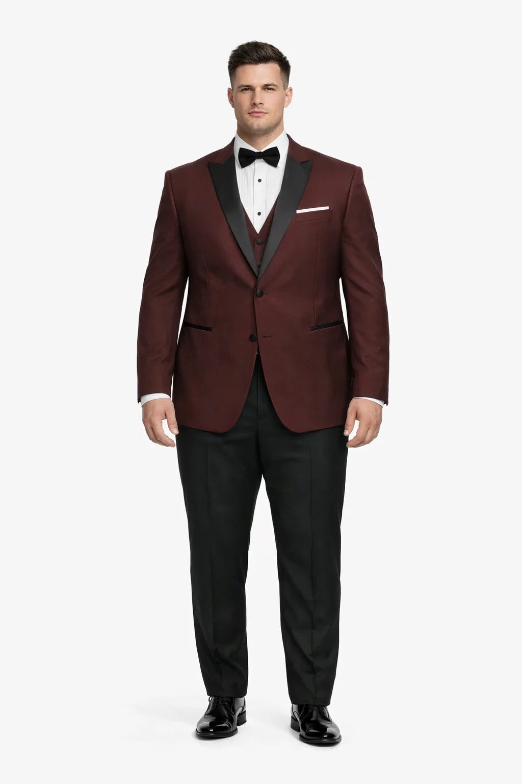 Mens Designer Marbella One Button Peak Tuxedo in Burgundy