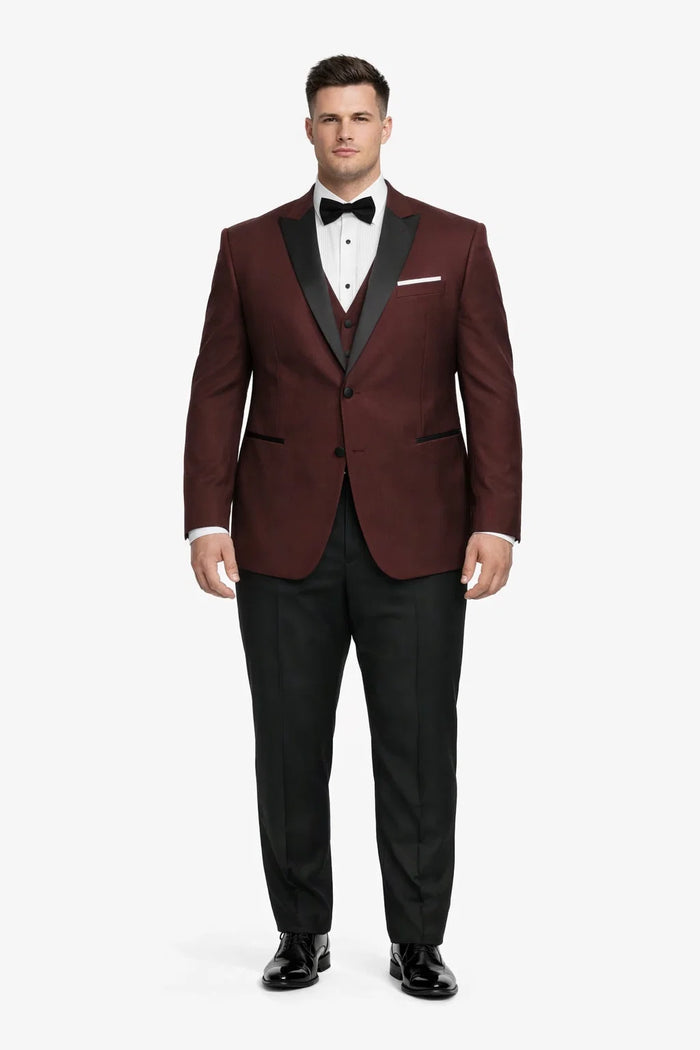Mens Designer Marbella One Button Peak Tuxedo in Burgundy