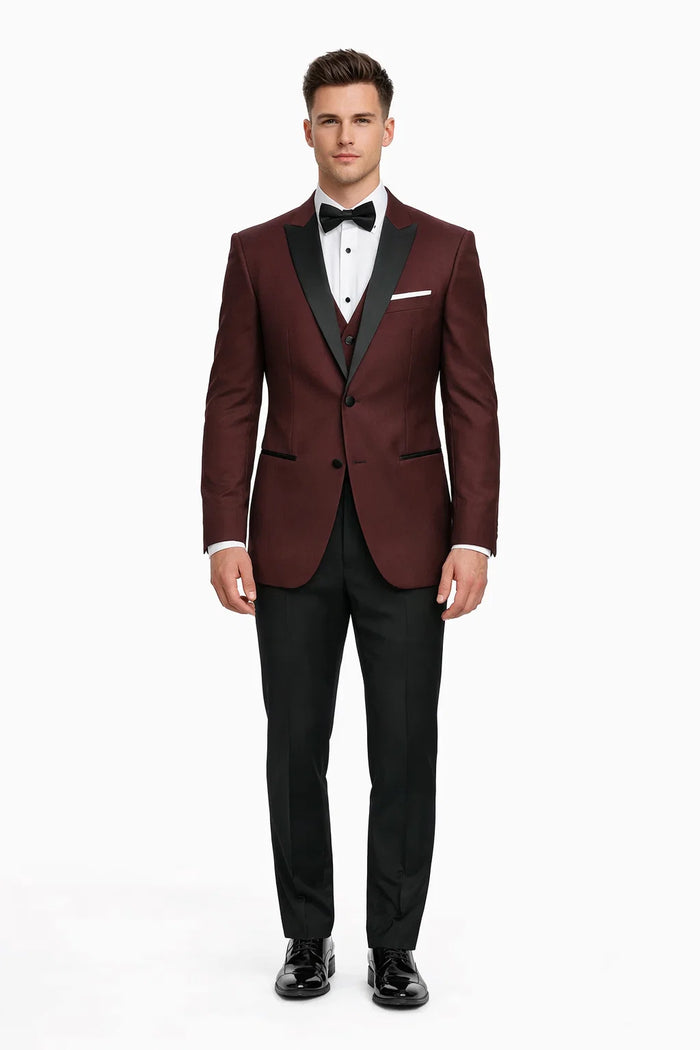 Mens Designer Marbella One Button Peak Tuxedo in Burgundy
