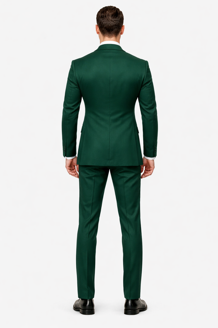 Mens Designer Modern Fit Double Breasted Wool Suit with Gold Buttons in Hunter Green