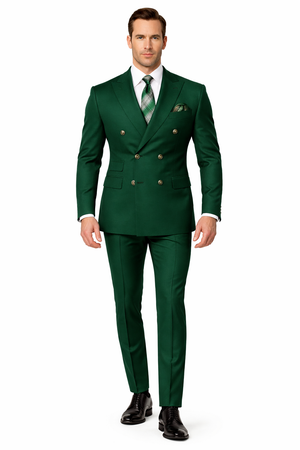 Mens Designer Modern Fit Double Breasted Wool Suit with Gold Buttons in Hunter Green
