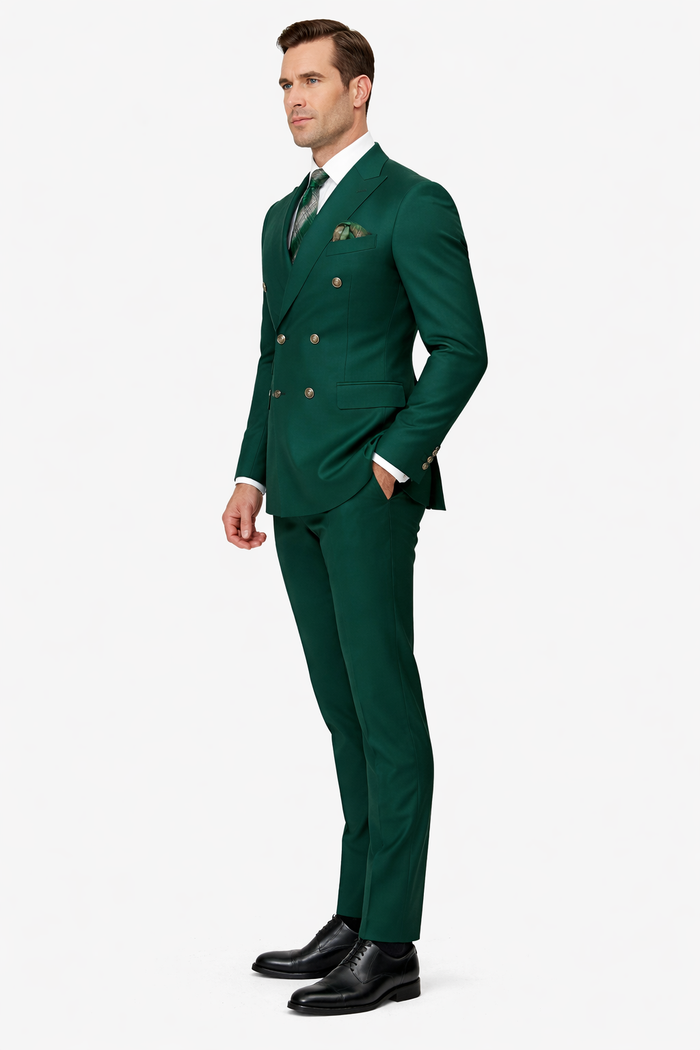 Mens Designer Modern Fit Double Breasted Wool Suit with Gold Buttons in Hunter Green