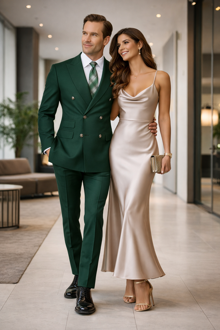 Mens Designer Modern Fit Double Breasted Wool Suit with Gold Buttons in Hunter Green