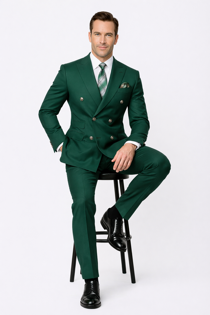 Mens Designer Modern Fit Double Breasted Wool Suit with Gold Buttons in Hunter Green