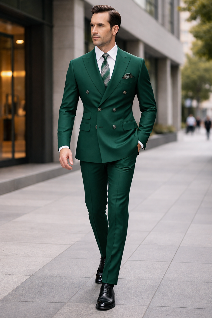 Mens Designer Modern Fit Double Breasted Wool Suit with Gold Buttons in Hunter Green