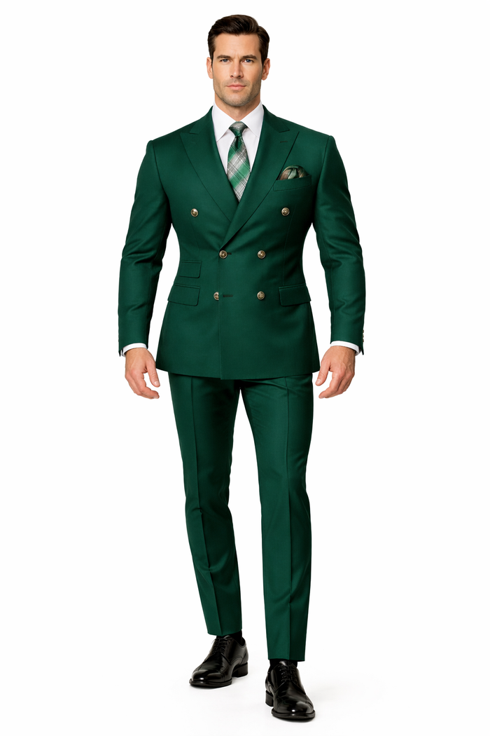 Mens Designer Modern Fit Double Breasted Wool Suit with Gold Buttons in Hunter Green