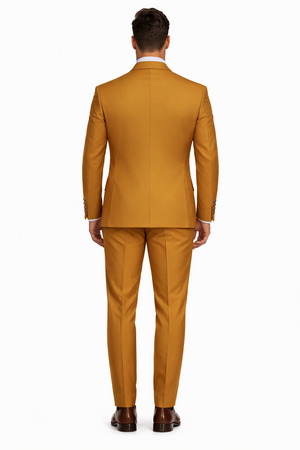 Mens Designer Modern Fit Double Breasted Wool Suit with Gold Buttons in Khaki Camel Bronze Color By Rossiman Brand