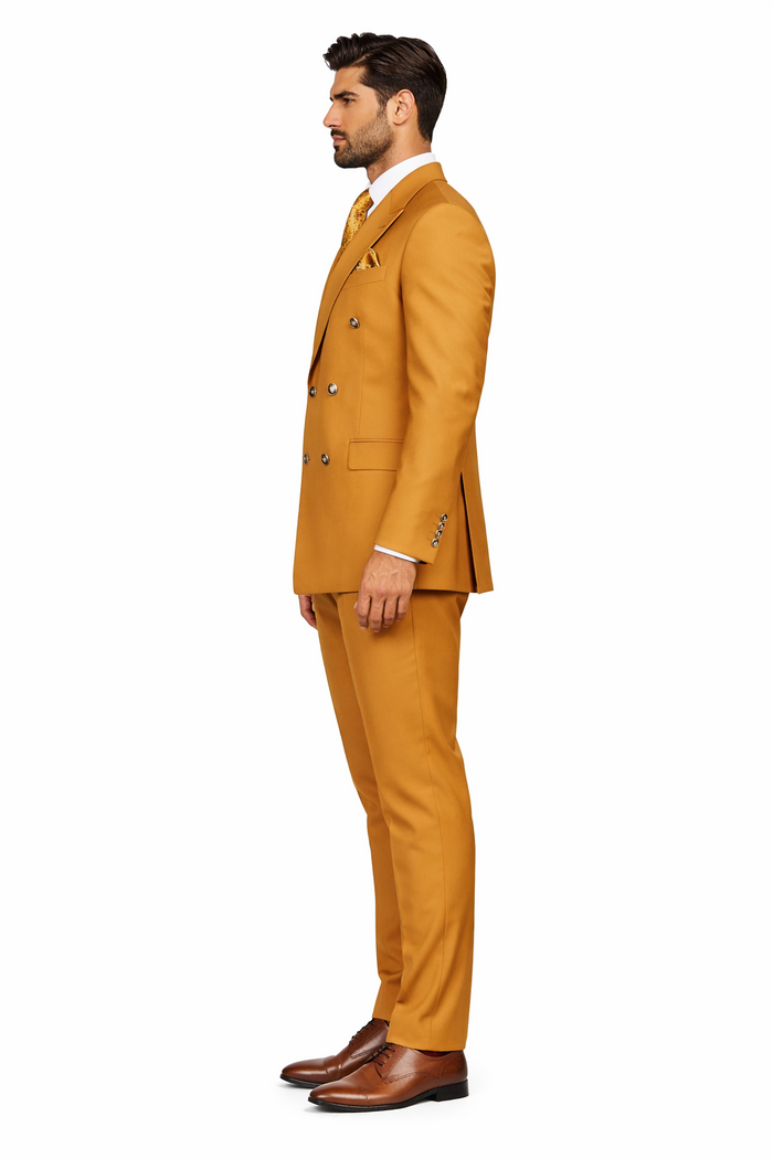 Mens Designer Modern Fit Double Breasted Wool Suit with Gold Buttons in Khaki Camel Bronze Color By Rossiman Brand
