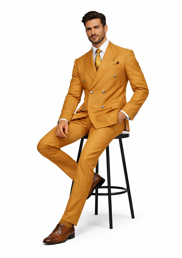 Mens Designer Modern Fit Double Breasted Wool Suit with Gold Buttons in Khaki Camel Bronze Color By Rossiman Brand