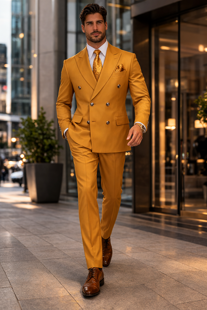 Mens Designer Modern Fit Double Breasted Wool Suit with Gold Buttons in Khaki Camel Bronze Color By Rossiman Brand
