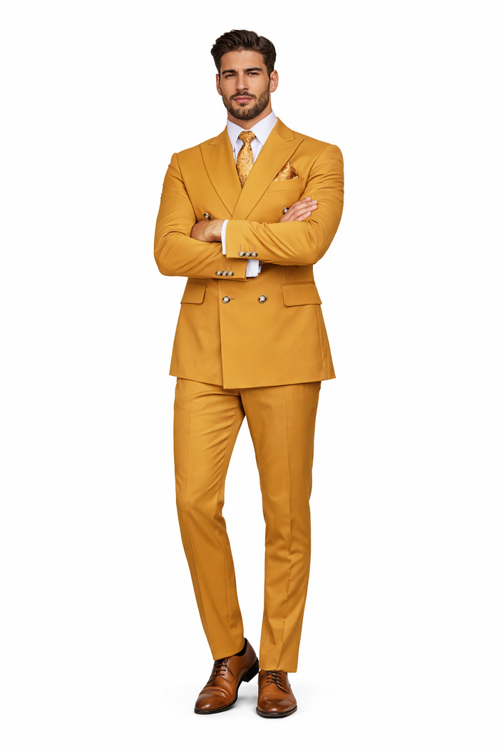 Mens Designer Modern Fit Double Breasted Wool Suit with Gold Buttons in Khaki Camel Bronze Color By Rossiman Brand