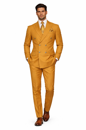 Mens Designer Modern Fit Double Breasted Wool Suit with Gold Buttons in Khaki Camel Bronze Color By Rossiman Brand