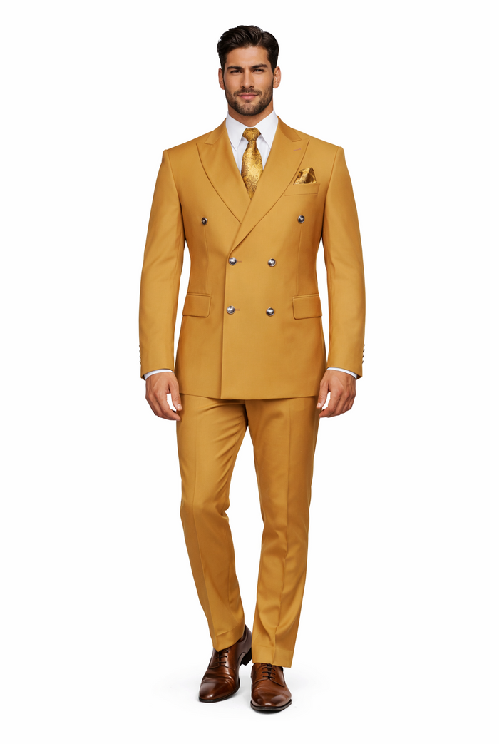 Mens Designer Modern Fit Double Breasted Wool Suit with Gold Buttons in Khaki Camel Bronze Color By Rossiman Brand