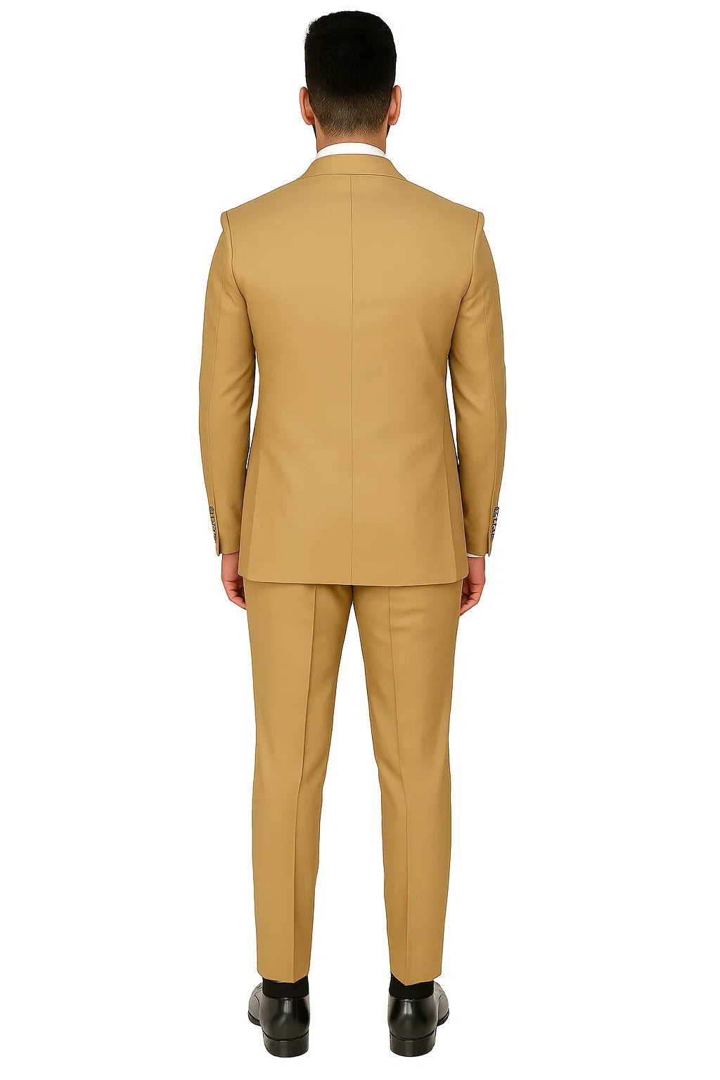 Mens Designer Modern Fit Double Breasted Wool Suit with Gold Buttons in Khaki Camel Bronze Color By Rossiman Brand