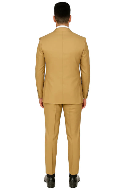 Mens Designer Modern Fit Double Breasted Wool Suit with Gold Buttons in Khaki Camel Bronze Color By Rossiman Brand