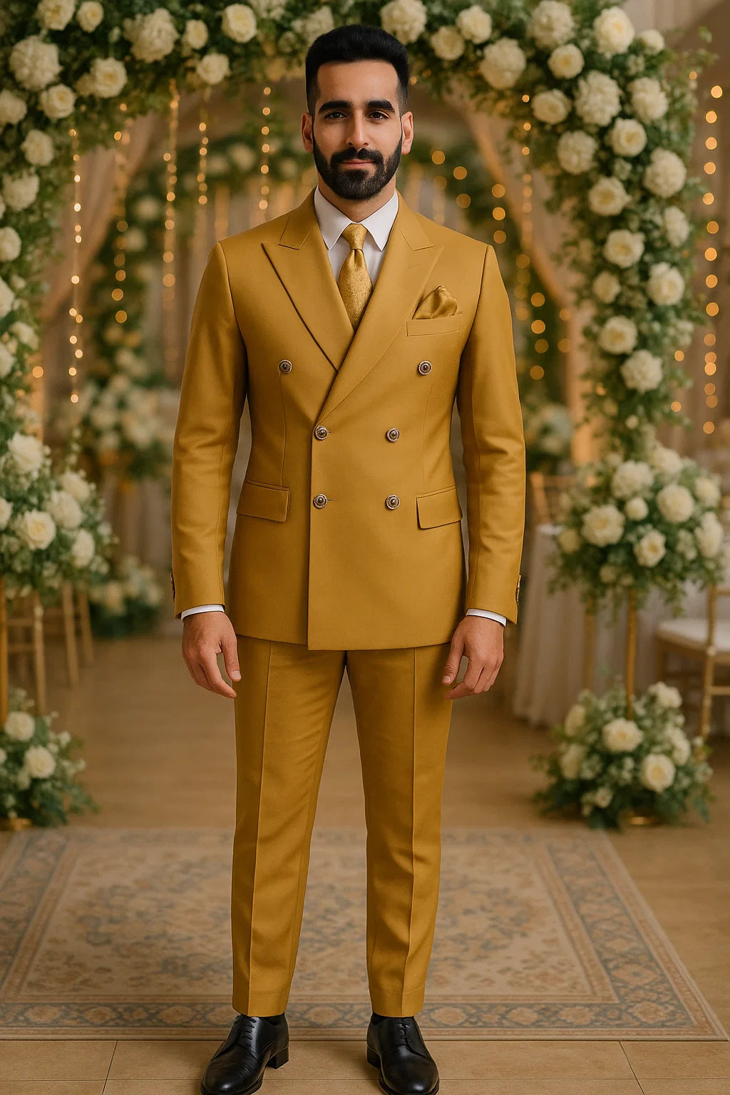 Mens Designer Modern Fit Double Breasted Wool Suit with Gold Buttons in Khaki Camel Bronze Color By Rossiman Brand