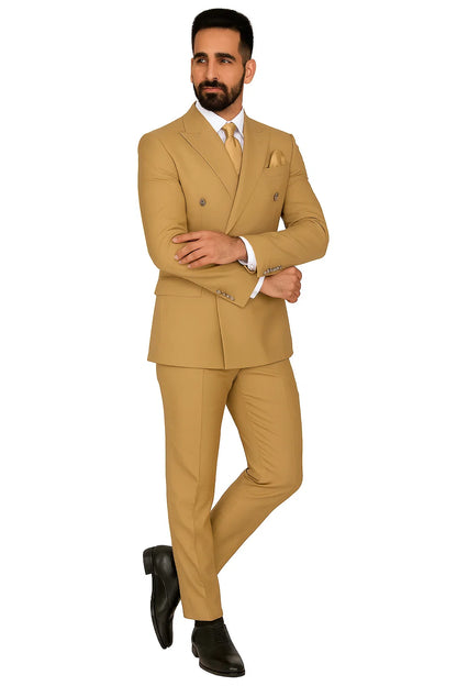 Mens Designer Modern Fit Double Breasted Wool Suit with Gold Buttons in Khaki Camel Bronze Color By Rossiman Brand