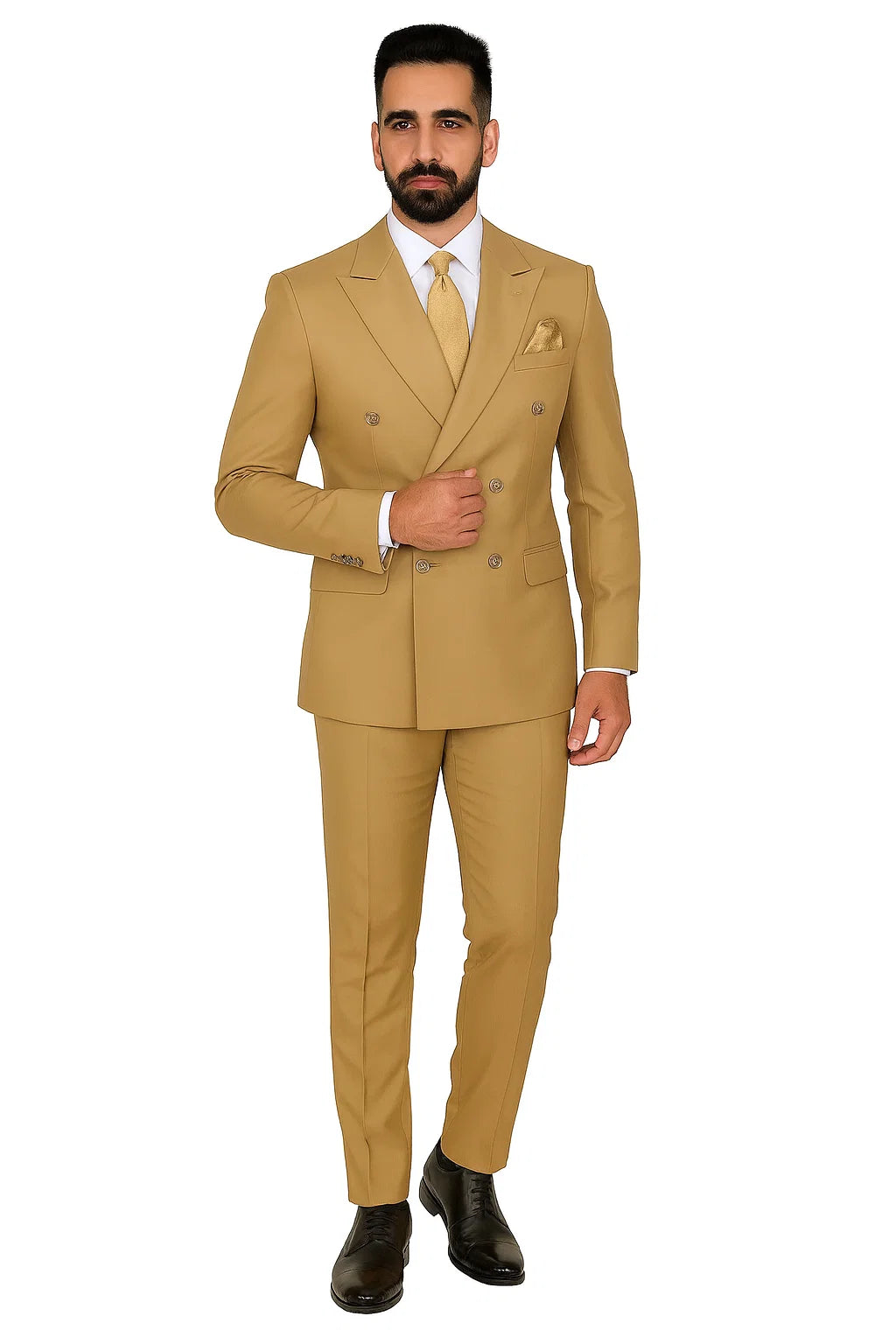 Mens Designer Modern Fit Double Breasted Wool Suit with Gold Buttons in Khaki Camel Bronze Color By Rossiman Brand