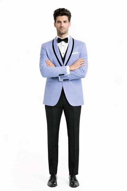 Mens Designer Satin Trim Valencia Tuxedo in Sky Blue