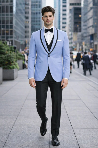 Mens Designer Satin Trim Valencia Tuxedo in Sky Blue