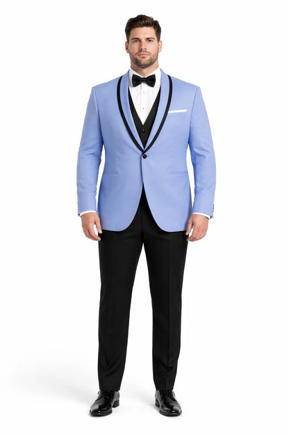 Mens Designer Satin Trim Valencia Tuxedo in Sky Blue