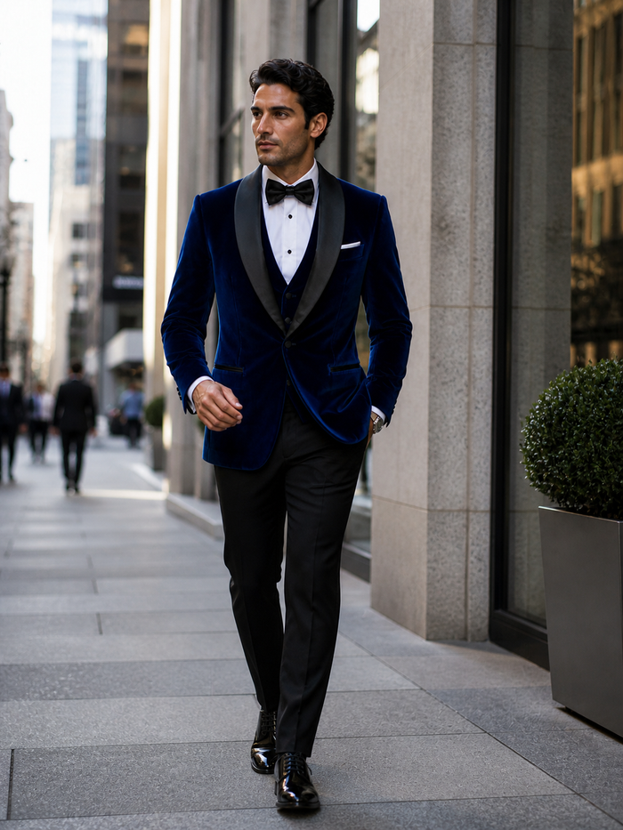 Men's Designer Velvet Tuxedo Dinner Jacket in Dark Royal Blue