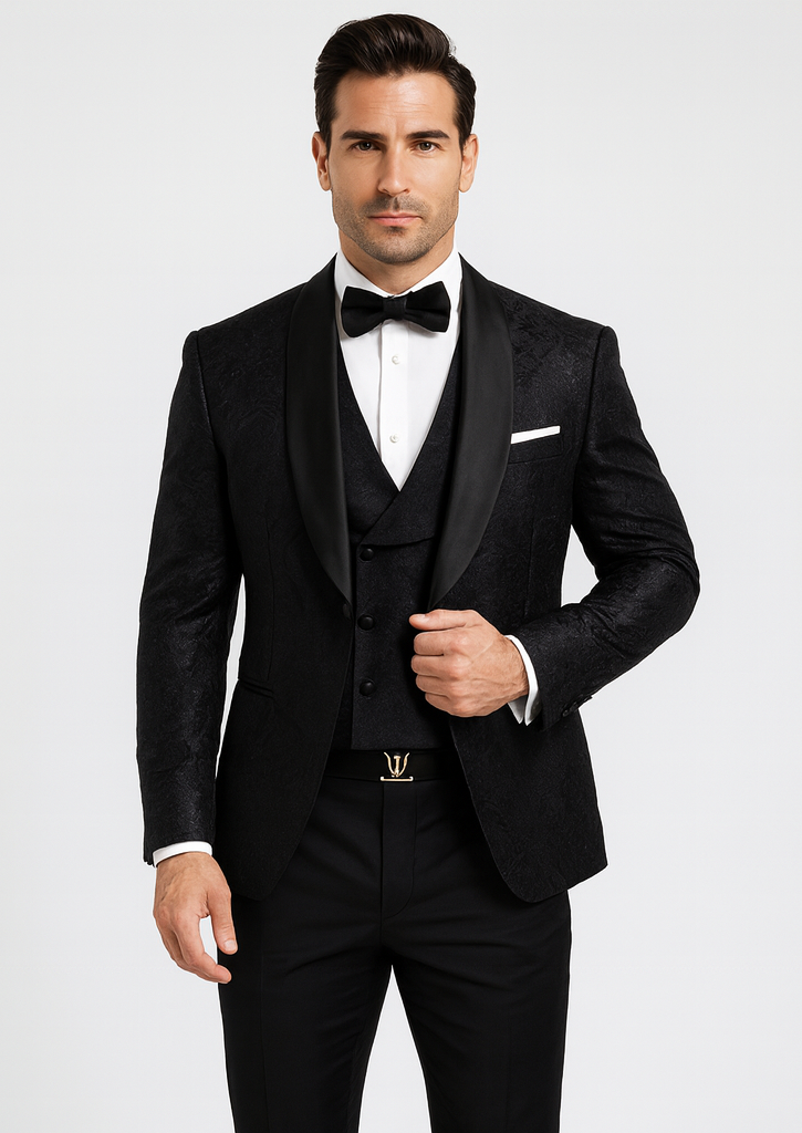 Sophisticated Men's Black Floral Lace Tuxedo  Designer Groom Attire