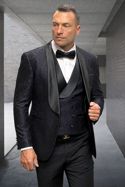 Sophisticated Men's Black Floral Lace Tuxedo  Designer Groom Attire
