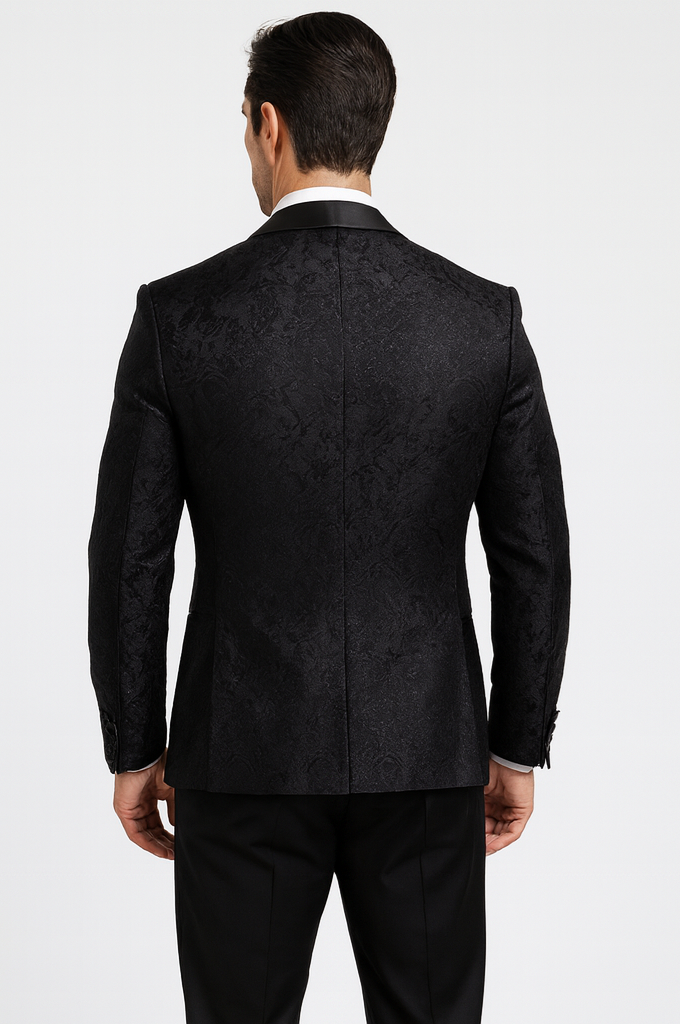 Sophisticated Men's Black Floral Lace Tuxedo – Designer Groom Attire