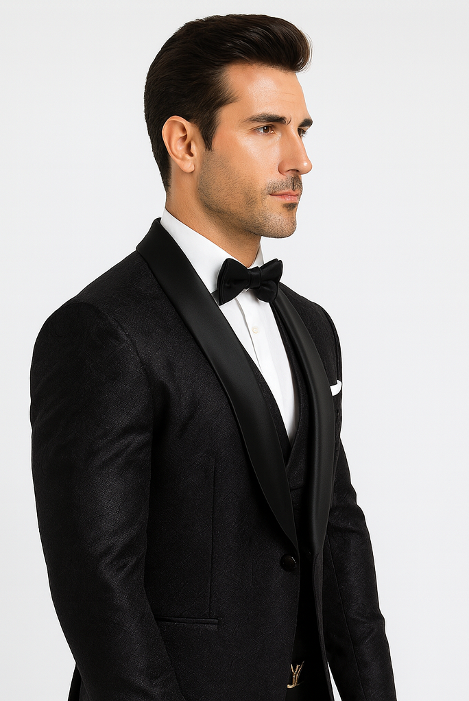 Sophisticated Men's Black Floral Lace Tuxedo - Designer Groom Attire