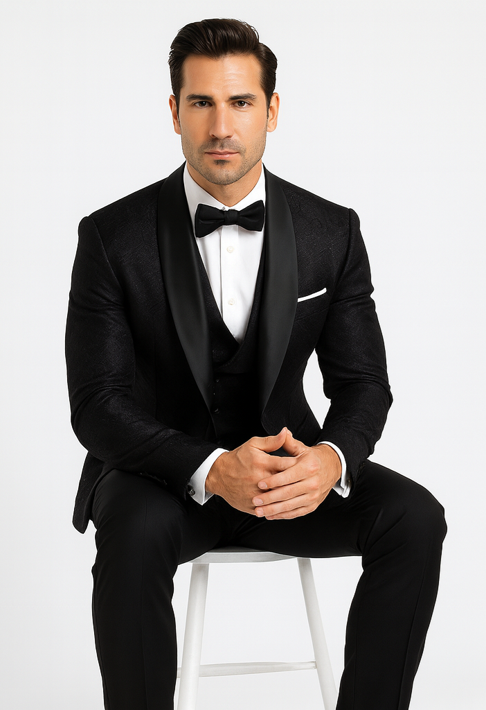 Sophisticated Men's Black Floral Lace Tuxedo – Designer Groom Attire