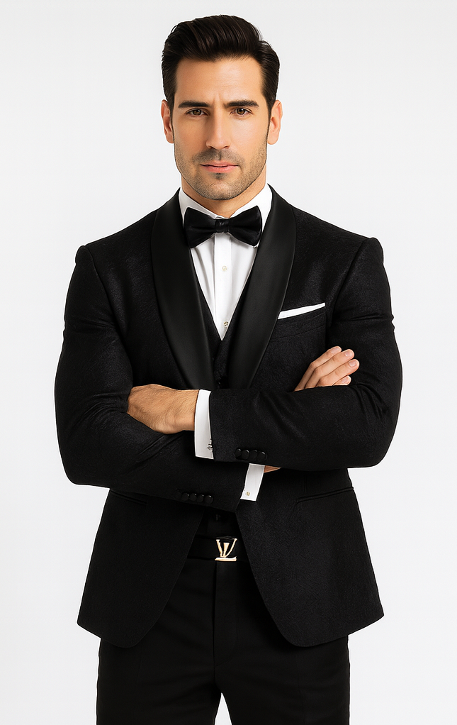 Sophisticated Men's Black Floral Lace Tuxedo - Designer Groom Attire