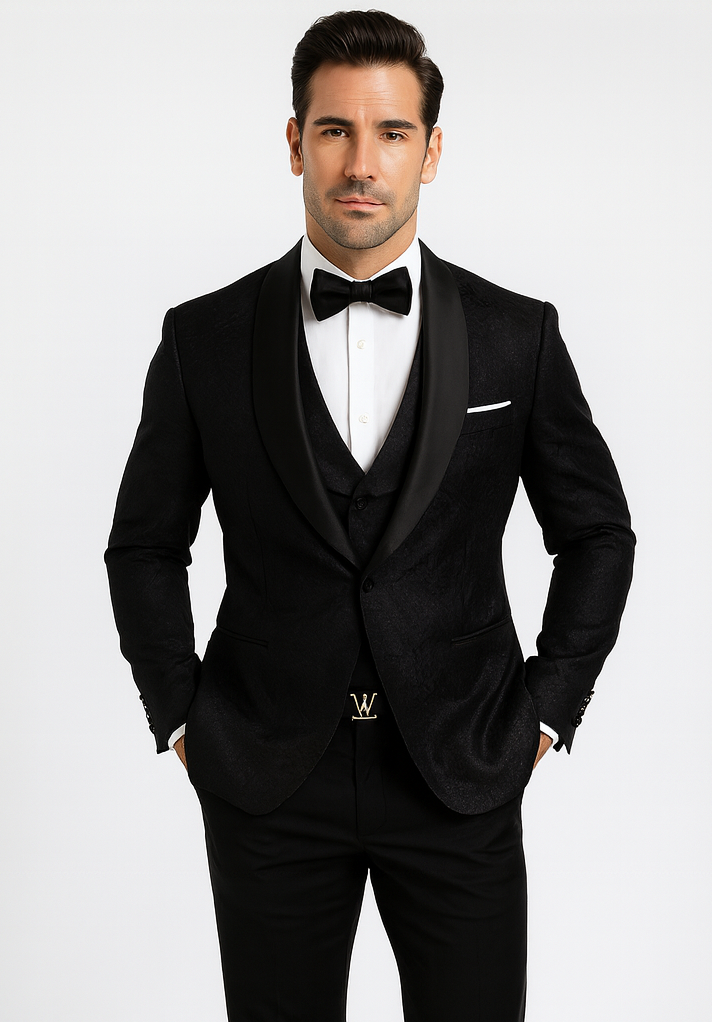 Sophisticated Men's Black Floral Lace Tuxedo – Designer Groom Attire