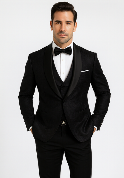Sophisticated Men's Black Floral Lace Tuxedo  Designer Groom Attire