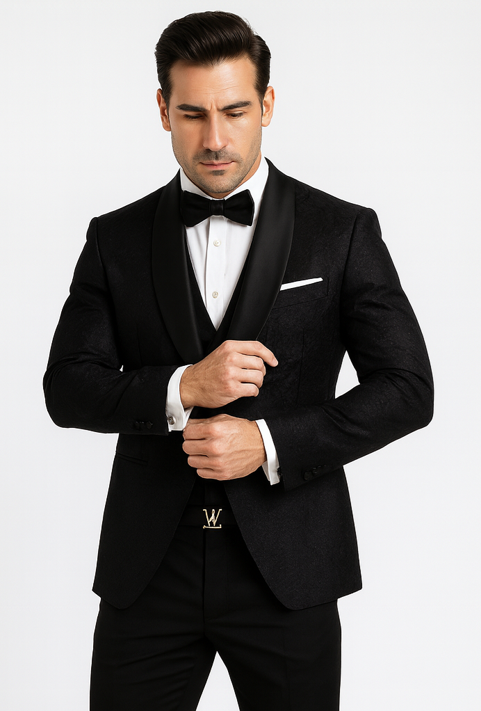 Sophisticated Men's Black Floral Lace Tuxedo – Designer Groom Attire
