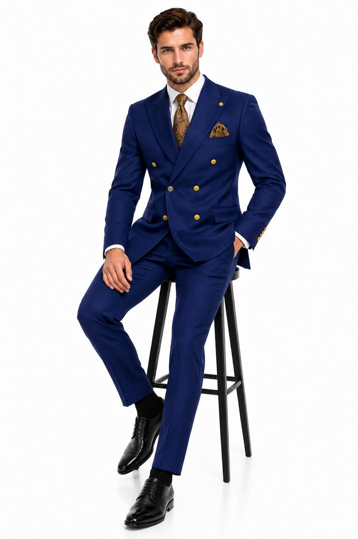 Mens Double Breasted Blazer - Wool Royal Blue Sport Coat With Gold Buttons