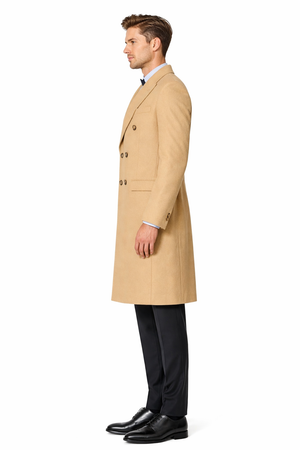 Men's Double Breasted Camel Back Wool Blend Vent Overcoat